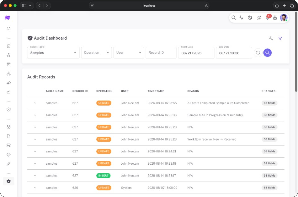 Audit Dashboard showing filterable audit records with table name, operation, user, timestamp, and field changes