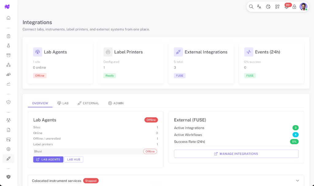NexaQore integrations hub for lab agents, printers, and FUSE