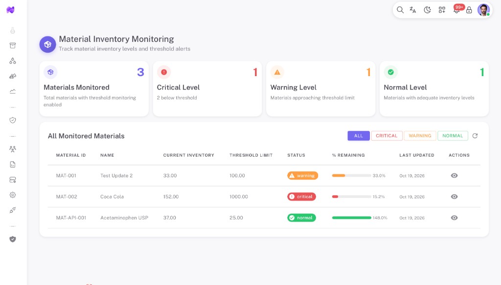 NexaQore material inventory monitoring with threshold alerts