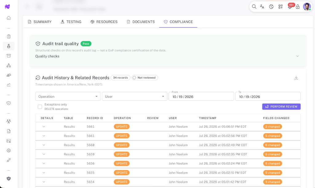 NexaQore compliance audit trail with quality checks and review