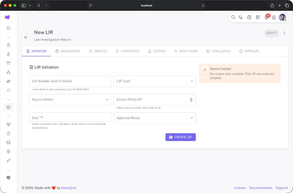 New LIR form showing initiation fields, workflow stages, and create investigation action